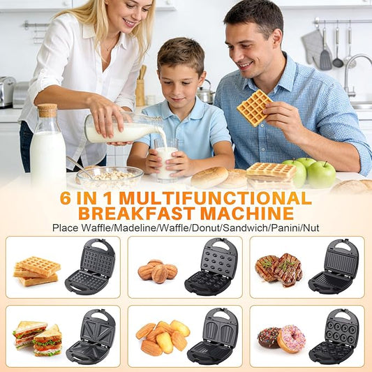 6 in 1 Waffle Iron Set, Panini Press Grill and Electric Sandwich Maker with Removable Non-Stick Plate, Ideal for Cooking Grilled Cheese, Tuna Melts, Burgers