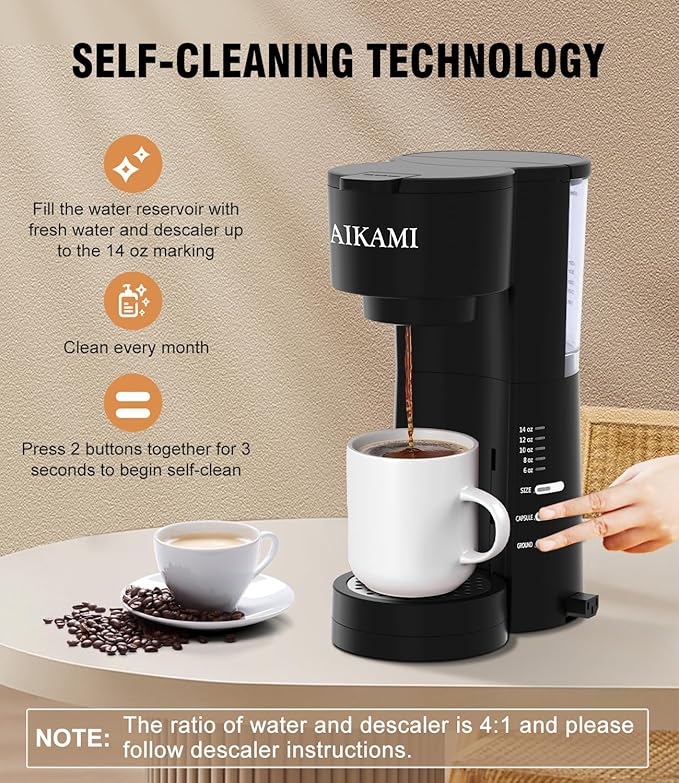 AIKAMI Single Serve Coffee Maker for K Cup & Ground Coffee with Milk Frother, 6 to 14 Oz Brew Sizes, Auto-Off Coffee Machine with Water Reservoir