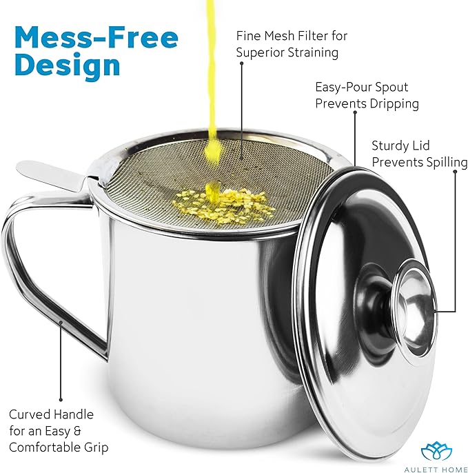 Aulett Home Bacon Fat Container with Oil Strainer - 40 oz Stainless Steel Grease Separator for Kitchen - Oil Separator for Cooking, Storing Fats, Drippings - Grease Keeper for Bacon Fat - 4.5x4.9-Inch