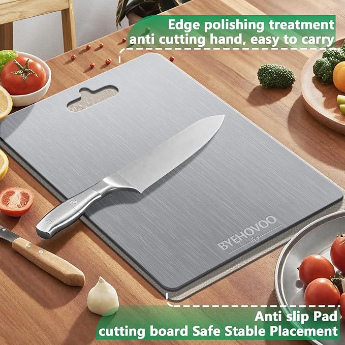 Titanium Cutting Board for Kitchen, Double Sided Pure Titanium Cutting Board | Easy to Clean | Dishwasher Safe | Food-Grade Raw & Cooked Foods or Outdoor Camping Chopping Board (13.4 x 9 inch)