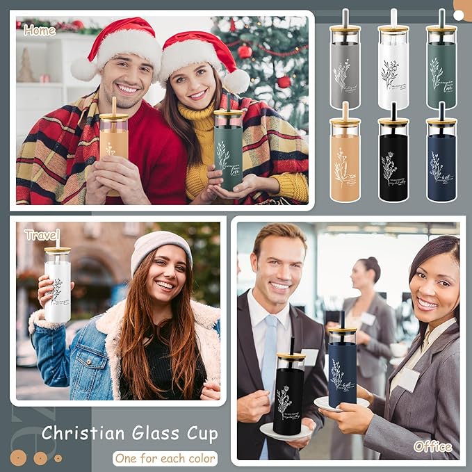 Inspirational Gifts Bulk 16 oz Glass Cups Aesthetic Can Shaped Coffee Cups with Bamboo Lid Straw Employee Appreciation Gifts for Women Teacher Nurse Office Business Favor(Christian)