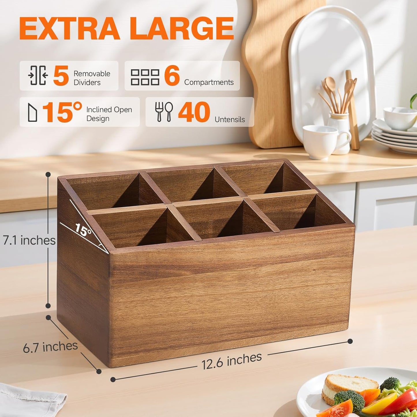 Wooden Utensil Holder Counter, Kitchen Utensil Organizer Large 6 Compartment Cooking Utensils Holder, Acacia Rustic Wood Farmhouse Storage Container Crocks for Silverware and Cooker Set Visit the ONEARF Store