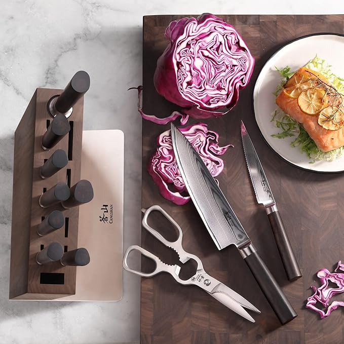 Cangshan HAKU Series 12-Piece Knife Block Set, Forged X-7 Damascus Steel, HUA Walnut Block, 501196
