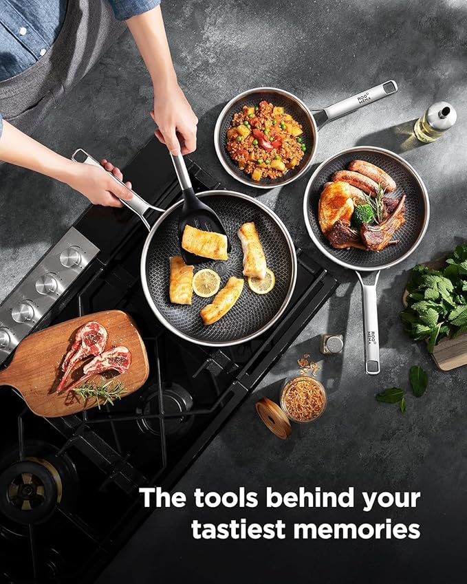 Non Stick Frying Pans Hybrid Ceramic With Lid, 12 Inch Tri-Ply Stainless Steel Skillet, Non-Toxic, PFAS/PFOA/PTFE Free, Metal Utensil Safe, Dishwasher & Oven Safe,Upgraded Version