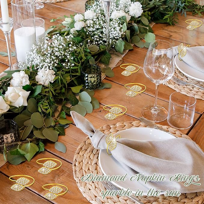 Hotop 36 Pcs Gold Napkin Rings Gold Table Decorations, Elegant Bling Leaves Napkin Rings, Rhinestone Guest Towels Buckle for Holiday Gather Party, Wedding Dinner Banquet Table Decoration