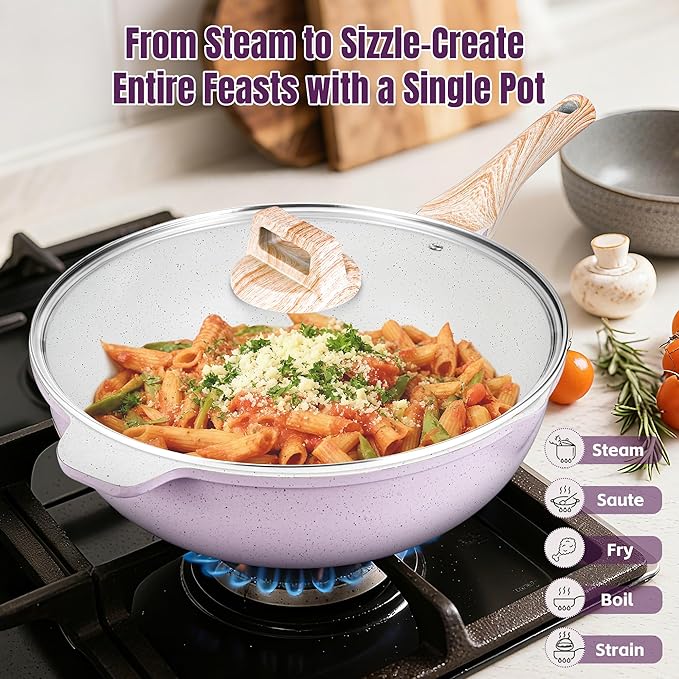 AOSION 11 Inch Nonstick Ceramic Deep Frying Pan Skille with Lid,5QT Sauté Pan for Cooking with Steam Rack,Healthy Large Skillet,Stay Cool Handle, Induction Compatible, PFOA & PFAS Free. (12IN-PURPLE)