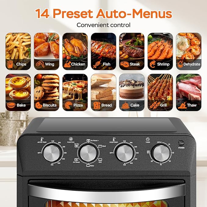 Plum chef 27.5QT 6-in-1 Air Fryer Toaster Oven Extra Large Dropdown-Door 6-Slice Convection Oven for Air Frying, Baking, Roasting, Broiling & Grilling, Stainless Steel Housing, Black