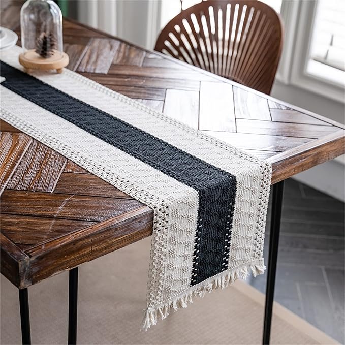 Alynsehom Macrame Table Runner Cream Beige and Black Boho Table Runners with Tassels Hand Woven Cotton Table Runner Rustic Farmhouse Table Runners for Bohemian Kitchen Dining Table(12x108in)