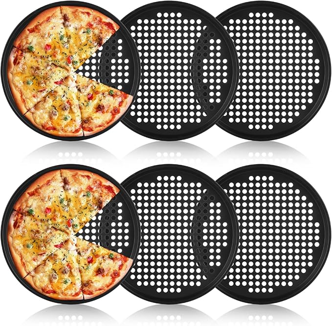 AKOLAFE 6 Pack 12 Inch Pizza Pan for Oven Round Pizza Pan with Holes Large Pizza Tray Set Carbon Steel Non Stick Pizza Plates Perforated Pizza Baking Sheet Personal Metal Platter for Grilling, Cooking
