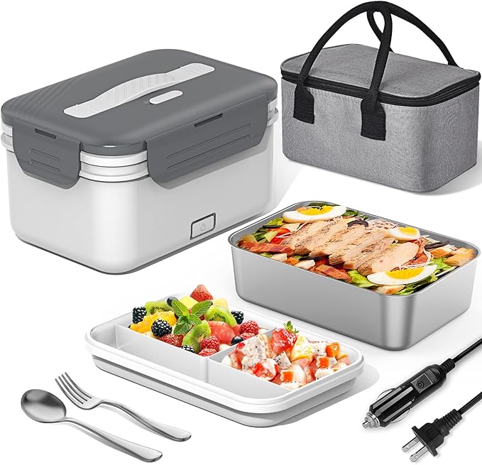 Electric Lunch Box Food Heater 100W, 4 in 1 Ultra Quick Heated Lunch Boxes for Adults 12V/24V/110V/220V Portable Food Warmer for Car/Truck/Office With Fork Spoon and Insulated Carry Bag