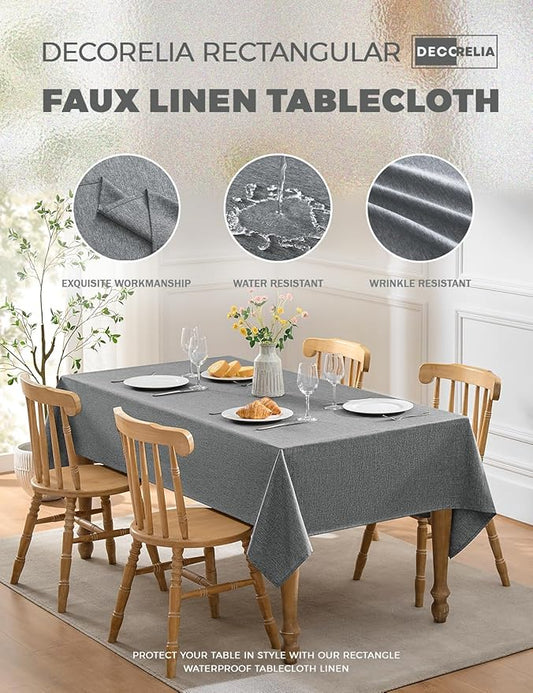 Faux Linen Farmhouse Table Cloth 60"x84" for 4-6 ft Rectangle Table, Dark Grey Waterproof Outdoor Washable Cloth Tablecloth for Rectangular Dining Room Kitchen Outdoor Party Restaurant Decor
