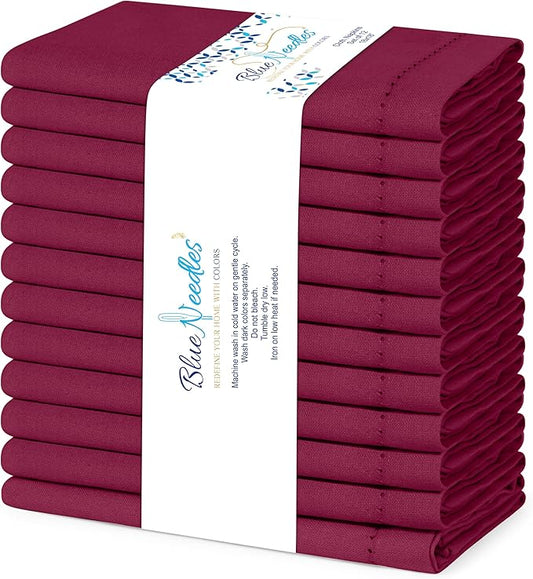 Blue Needles Set of 12 Hemstitch Linen Napkins 100% Cotton Burgundy Cloth Dinner Napkins 18x18 inches, Soft, Reusable, Absorbent, Washable, Ideal for Wedding Events, Parties & Everyday Use