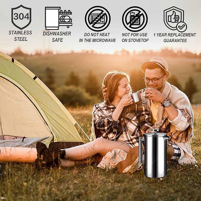 WORBIC Large French Press Coffee Maker 50oz (1.5L), 304 Stainless Steel Double Wall Insulated Tea Press for Camping, Backpacking, Party, Travel, Gift Set, Dishwasher Safe (Silver, 6-8 Cups)