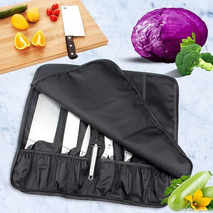 Tosnail Chef Knife Roll Bag with Carry Handle and Shoulder Strap, Large Capacity Kitchen Knife Storage Bag, Portable Knife Carrying Case with Double Folded Design, Black