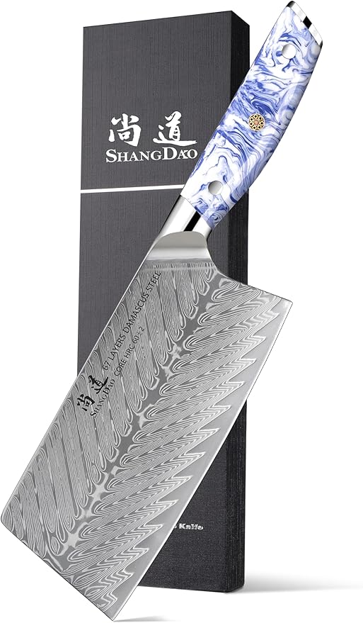 SHANGDAO 7 Inch Chinese Chef Knife,Cleaver Kitchen Knife Professional Vegetable Knife, Forged Damascus Steel with Blue and White Resin Handle - Full Tang - HUA Series