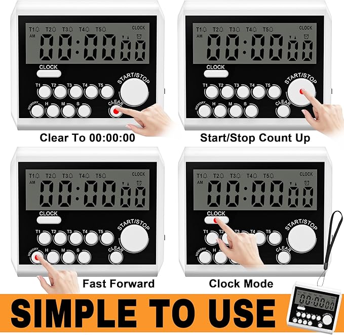 XREXS 5 Channels Digital Kitchen Timer, Clock Mode with Large LCD Display, Cooking Timer, Loud Volume Alarm and Flashing Light with Magnetic Back, Stand, Battery Included