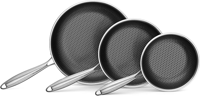 Bielmeier 8, 10, 12 Inch Nonstick Frying Pan，3-Piece Set Stainless Steel Flat Bottom Frying Pan for Gas, Electric & Induction Cooktops, Dishwasher Safe