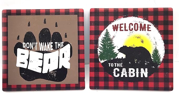 Pine Ridge Black Bear Buffalo Plaid Coasters for Drinks - Welcome to The Cabin and Don't Wake The Bear Design with Cork Pads Coaster Set of 6