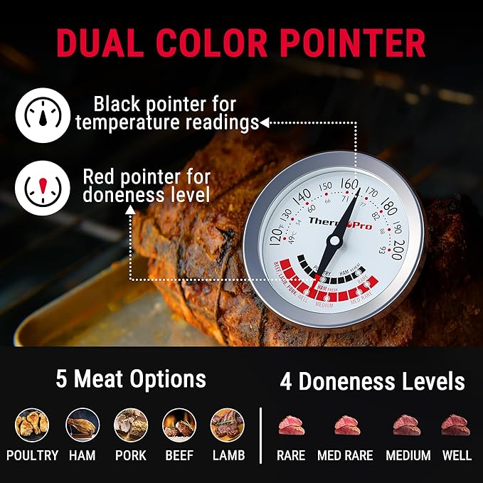 ThermoPro APT200 2 Pcs Meat Thermometer for Cooking with Extra-Large 2-Inch Dial, Analog Dial Food Cooking Thermometer with 5.1" Stainless Steel Probe for Poultry, Pork, Beef Candy Making Accessory