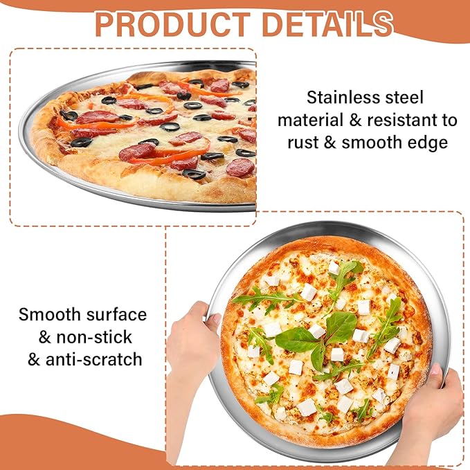 Honeydak 12 Pcs Stainless Steel Pizza Pan 13 Inch Round Silver Pizza Tray for Serving Pie Cookie Cake Plate Sheet, Oven Kitchen Baking Home Restaurant, Dishwasher Safe, Dishwasher Safe