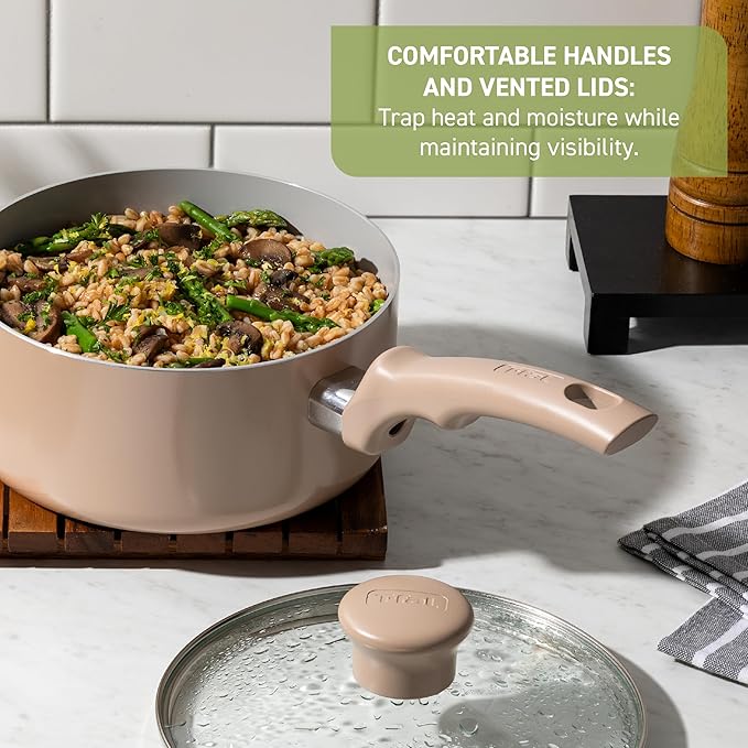 T-Fal Refresh Ceramic Nonstick Cookware Set, 20-Piece, Oven Safe to 350°F, Stockpot, Ceramic Pots and Pans Set, Frying Pans, Griddle, Utensils, Sand Beige