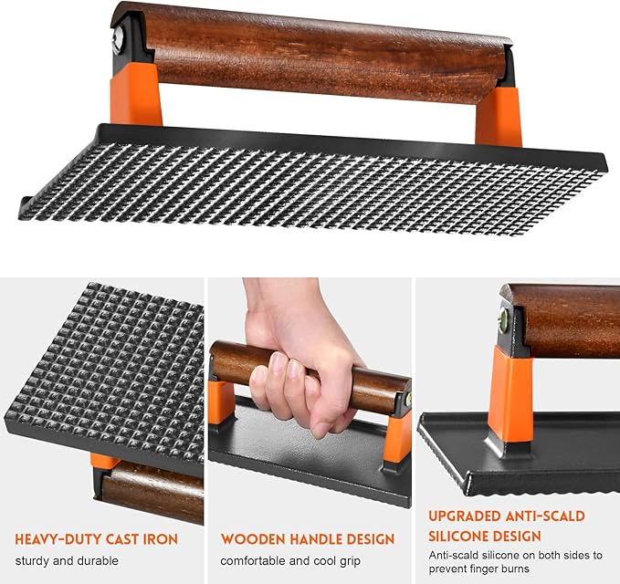 GGC Bacon Press for Griddle, Cast Iron Smash Burger Press for Hamburger, Steak, Bacon, Sandwiches, 8"x 4" Rectangle Meat Press with Wooden Handle for Grill and Griddle Cooking(10Pcs Patty Paper)