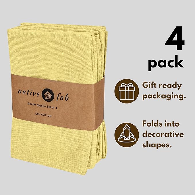 Native Fab Solid Light Yellow Cloth Napkins Set of 4, 100% Cotton Washable Fabric, 17x17 inches, Reusable Table Linen Napkins for Dinner, Party, Wedding, Pale Yellow