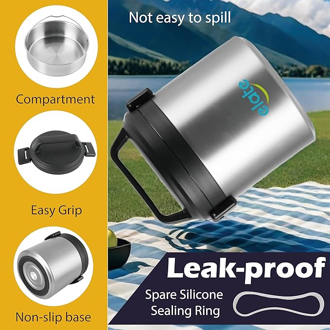 Elate 2-Quart Camp Crock Thermos for Hot/Cold Food | 64oz Stainless Steel Vacuum-Insulated Jar, Wide-Mouth Thermal Food Container, Portable Lunch Pot for Outdoor, Camping, Picnics, Trips, Potlucks