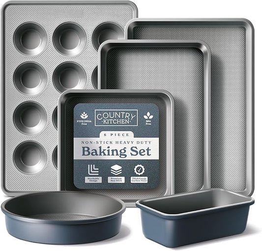 Country Kitchen Nonstick Stackable Bakeware Set - Durable, Easy Release Baking Set, Navy, 6 Pcs