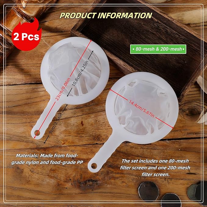 2 Pcs Ultra Fine Mesh Strainer Set - Food Grade Nylon, Fine Mesh Sieve with Handles for Juicing, Yogurt, Nut Milks, Fines liquids, Small Strainers - Including 80 & 200 Mesh Colander