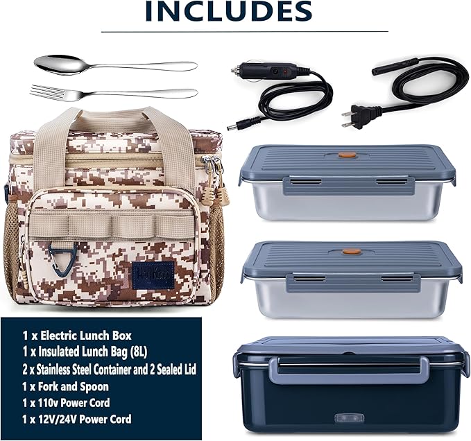 Electric Lunch Box with Insulated Lunch Bag, 60oz Heated Lunch Box for Adults Men,80W Portable Food Warmer Heatable Lunchbox for Car Truck Work, 12v/24v/110v Self Heating Lunch Boxes