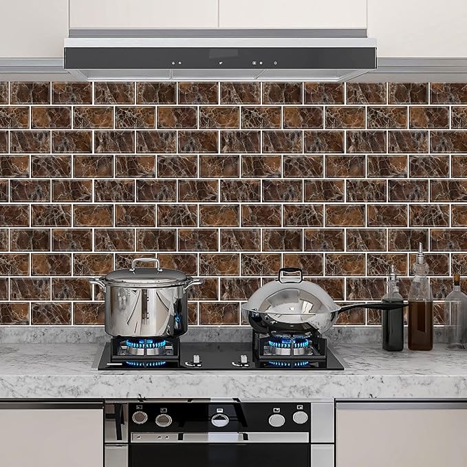 URCOLOR 10-Sheet Peel and Stick backsplash for Kitchen,12"x12" Self Adhesive Wall Tile on Back Splashes for Bathroom Brown Marble