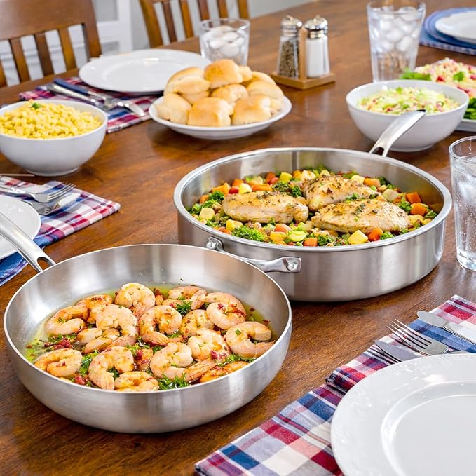 Inqibee Tri-Ply Stainless Steel Cookware Set - 6 Qt Deep Sauté Pan with Lid, 10 Inch Frying Pan, Induction/Gas Compatible, Dishwasher & Oven Safe