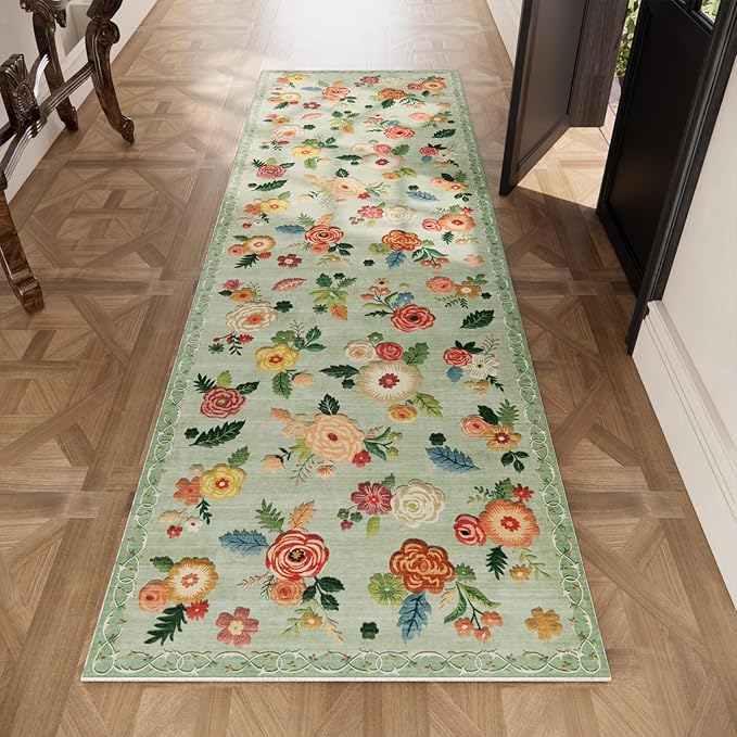 Washable Kitchen Rugs Non Slip: 2'x6' Hallway Runner Rug Stain Resistant Low Pile Floral Floor Rug with Rubber Backing Non Shedding Soft Carpet Runners for Indoor Entryway Bedside Bedroom Farmhouse