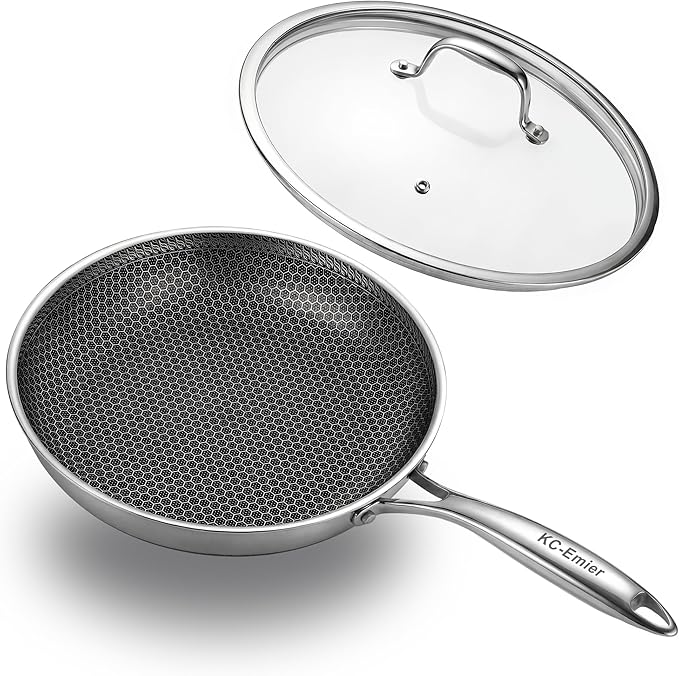 KC-Emier 10 Inch Non-Stick Frying Pan with Lid Tri-Ply Stainless Steel Pan with Stay-Cool Handle Oven & Dishwasher Safe For Induction, Ceramic & Gas Stovetops