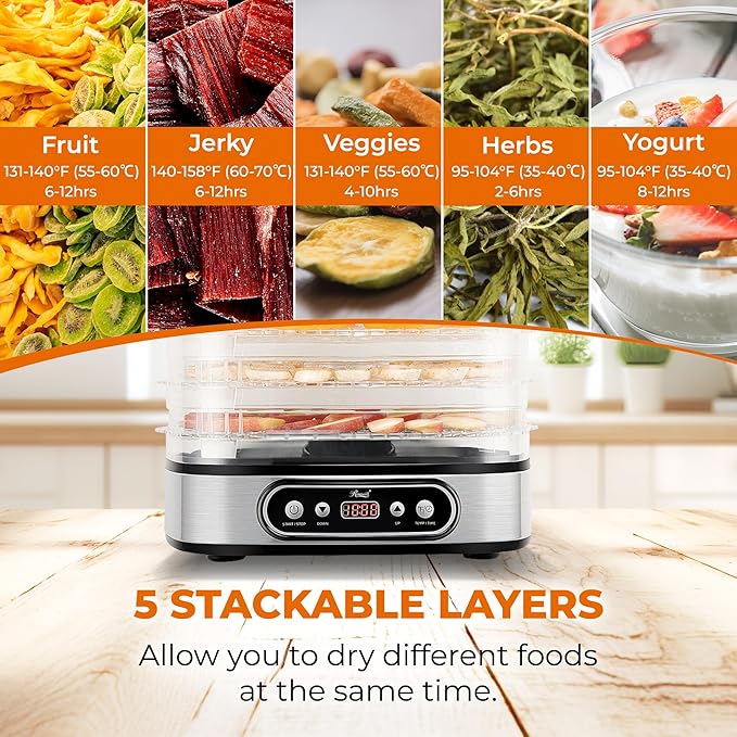 Rosewill Essential Food Dehydrator, 5 Stackable Trays with Adjustable 48H Timer and Temperature Control - Electric Food Preserver for Jerky, Fruits, Veggies, Meat & Dog Treats, Large capacity