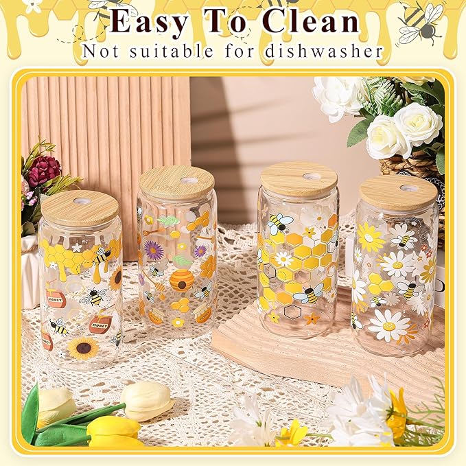 Mumufy 4 Pcs Glass Cup with Bamboo Lid & Straw, 16 oz Iced Coffee Tumbler Set of 4, Honey Bee Floral Glass Cups, Reusable Clear Drinking Glasses for Iced Coffee, Tea, Smoothies, Gift for Women