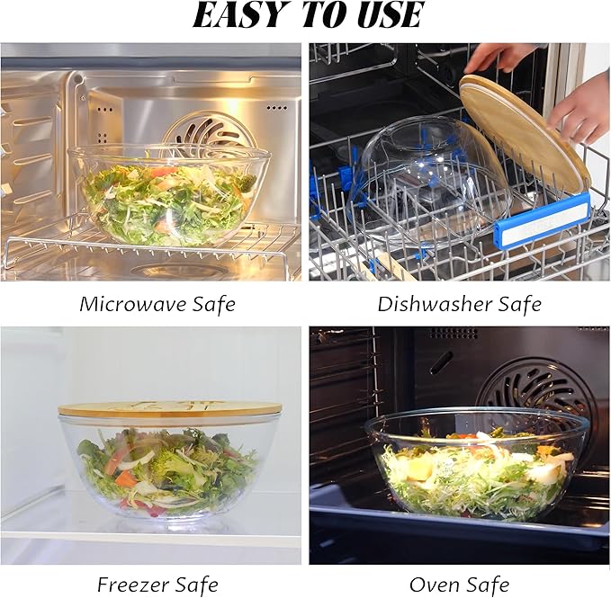 LOVYANXUE 10.6" Glass Salad Bowl with Sealed Lid, 4.7 Quart Large Capacity Serving and Mixing Bowls with Utensils, Versatile Serving Dish for Salads, Trifle, Fruits, Pasta, Microwave Safe