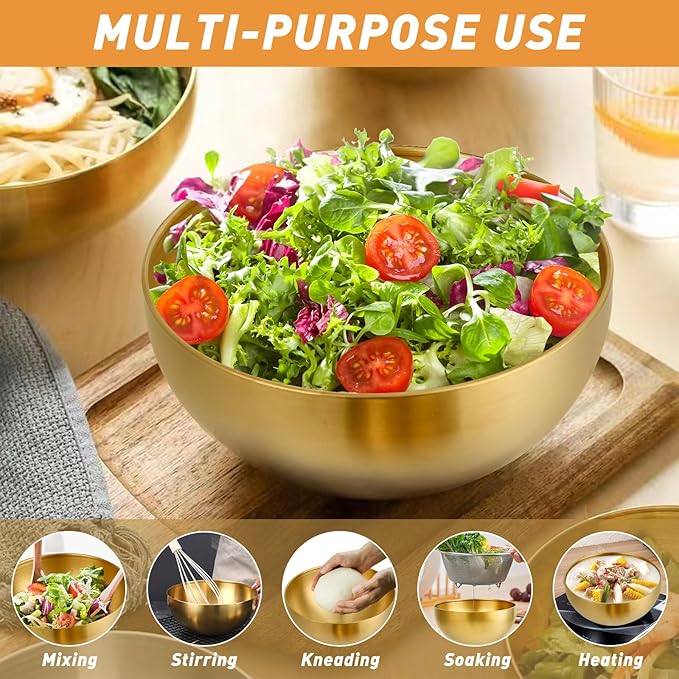 Akamino 2 Pack Stainless Steel Mixing Bowls, 5.9 & 7.9 Inch Gold Metal Salad Bowls, Soup Bowl, Noodle Bowl, Snack Bowl, Serving Bowls for Mixing, Cooking, Baking, Prepping - 700ML& 1200ML