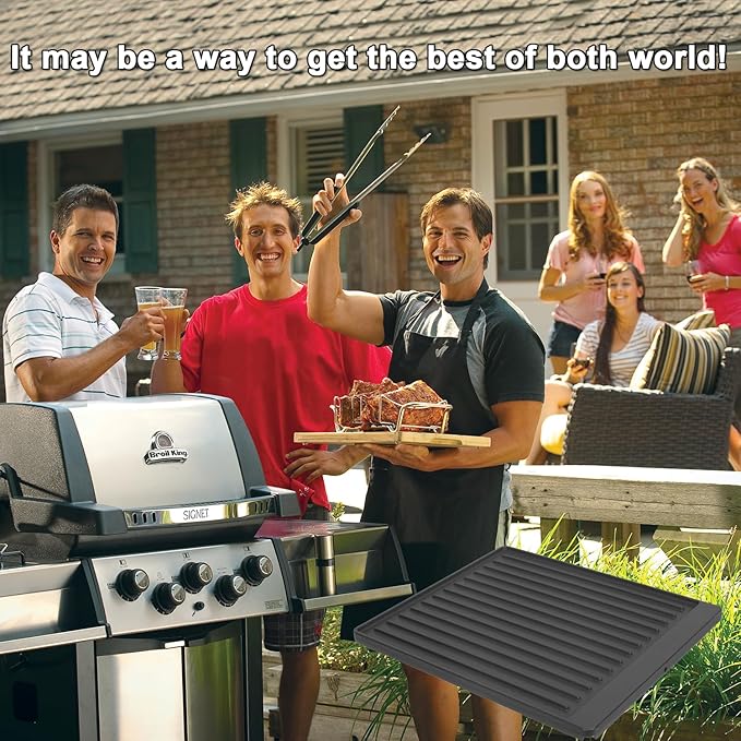 Cast Iron Reversible Griddle for Broil King Signet Series 20, 70, 90 Grills, Durable Griddle Replacement Parts for Broil King Crown Series 10, 20, 40, 90 Grills, 15" X 12.8", Black, Rectangular