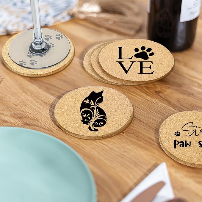 Coasters for Drinks with Holder Set of 6, Cat Paw Coaster for New Home Couples House Warming Gifts Absorbent Cork Wood for Cup Desk Coffee Table Office Kitchen Decor, Round 4"