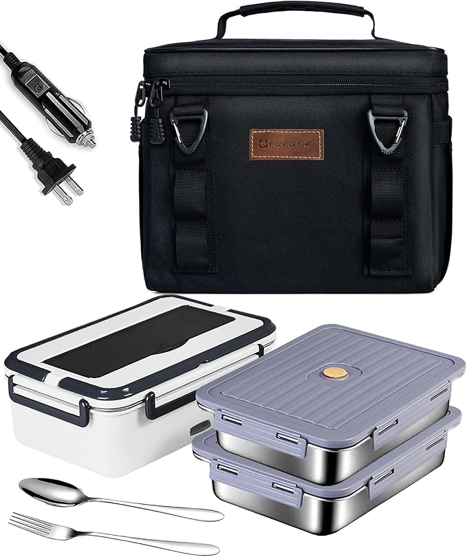 Electric Lunch Box Food Warmer for Men Adults,3 in 1 Heated Lunch Boxes for Car Truck Work Travel with Large Insulated Lunch Bag, 60-oz Portable Food Heater Self Heating lunchbox 80W