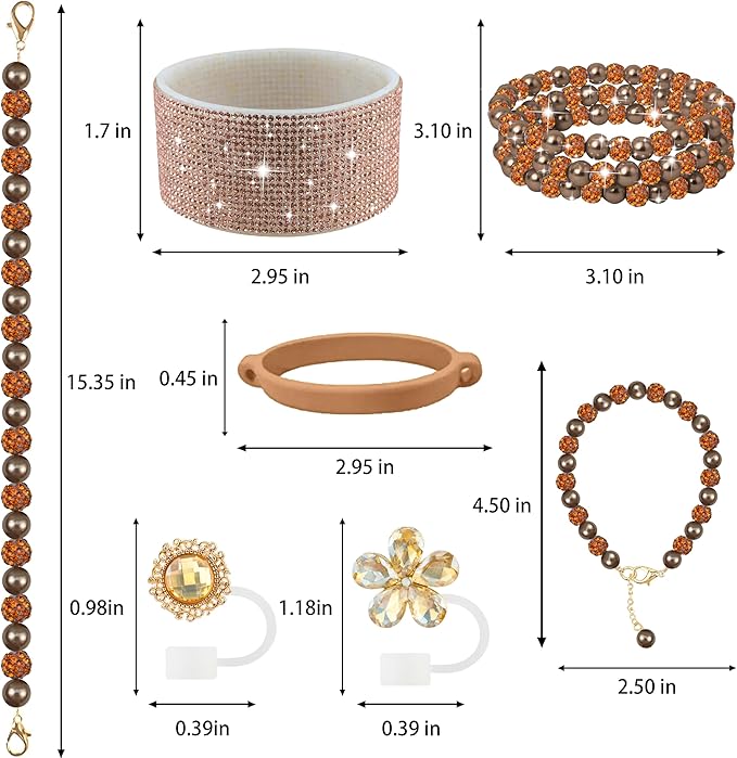 9PCS Brown of Stanley Cup Accessories Set 30/40 OZ Bling Pearl Rhinestones Charms for Stanley Decorations Tumbler Accessories Including Flower Straw Topper, Rhinestones Boot 30/40 OZ