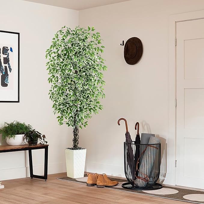 Artificial Ficus Tree Indoor 7FT Fake Plants Large Artificial Plant with Crack White Tall Planter, Green Lifelike Lush Fake Ficus Tree for Home Living Room Bedroom Outdoor Balcony House Office Decor