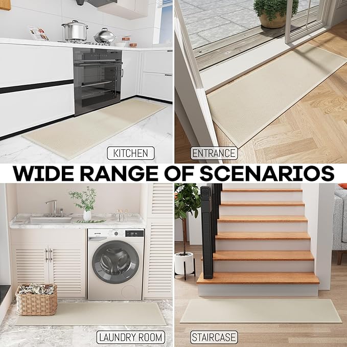 Kitchen Rug, Rubber Non Slip Kitchen Rugs Washable, Absorbent Runner Mat for Floor, Machine Washable Standing Mats for in Front of Sink, Door, Laundry, Entryway, Hallway (Beige, 47" × 17.3")