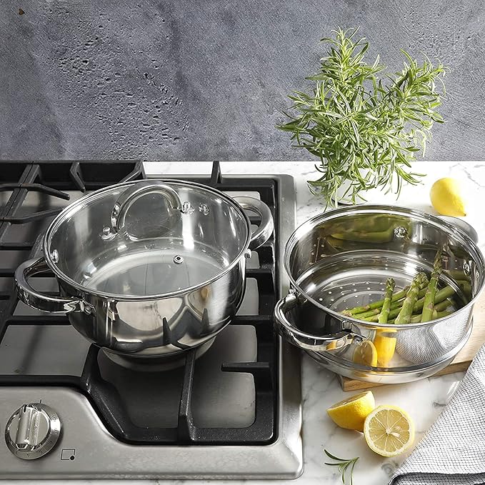 Oster Sangerfield 3.0-Quart Stainless Steel Dutch Oven with Steamer Basket – Durable Kitchen Cookware for Slow Cooking and Steaming