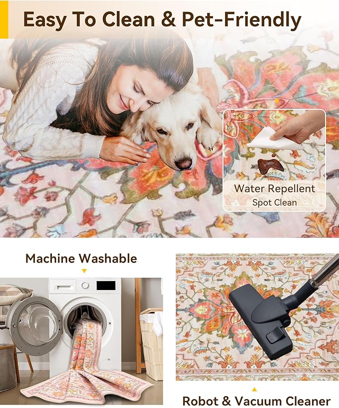 Area Rugs 2'6''x12' Runner Rug Non Slip Washable for Kitchen Hallway Bedroom Beside Laundry Room Bathroom Rug, Floor Carpet, Light Pink Colorful
