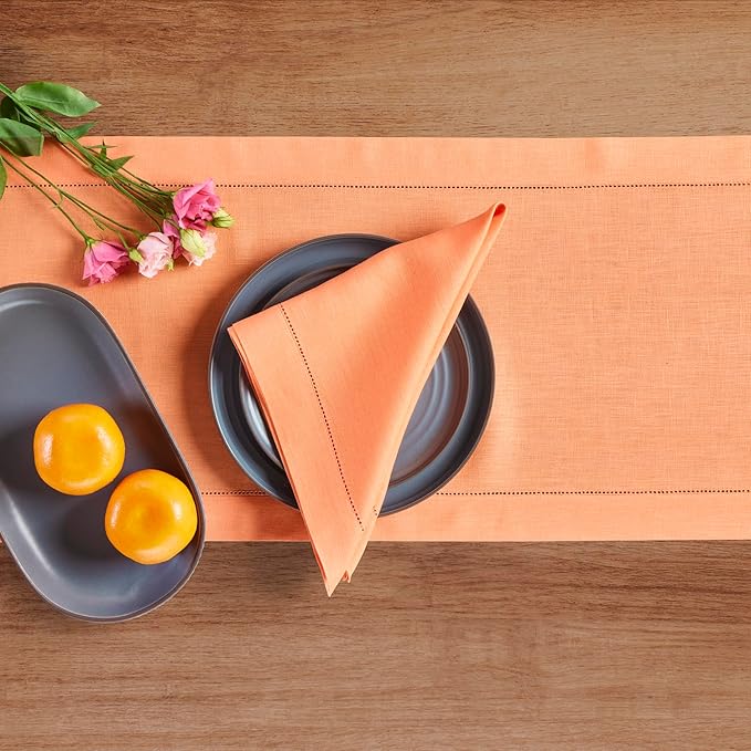 Solino Home Linen Coral Table Runner 144 Inches Long - 100% Pure Linen Extra Long Table Runner 14 x 144 Inch for Valentines, Spring, Easter - Classic Hemstitch