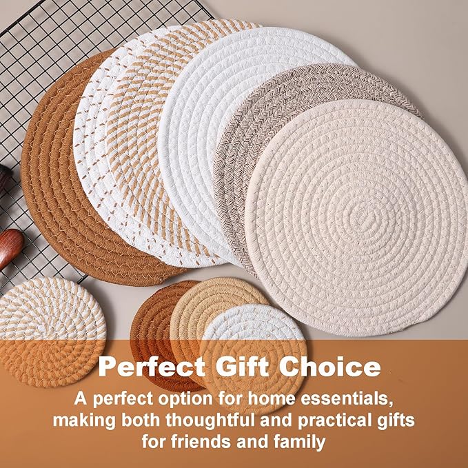14-Piece Trivet Mats and Woven Coasters Set, Large Trivets for Hot Pots and Pans, Heat-Resistant Pot Trivets and Fabric Coasters for Kitchen and Dining Table
