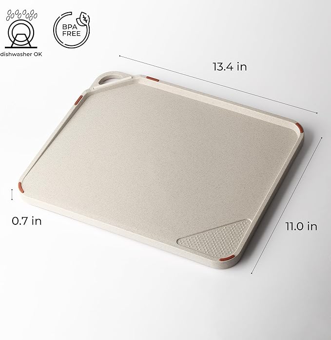 yuriya Plastic Cutting Board for Kitchen, Dishwasher Safe, Double-Sided Wheat Straw Board with Knife Sharpener and Garlic Grinder, Non-Slip, Juice Groove, Meat Grip Spikes, BPA-Free, Sand Beige